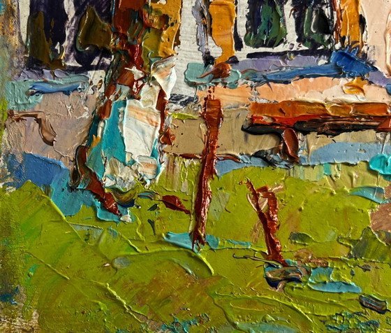 Image 1 of Original Oil Painting Summer House Landscape Village courtyard