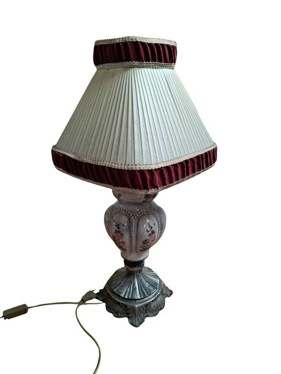 Image 1 of Vintage Hand-Painted Ceramic and Bordeaux Velvet Table Lamp