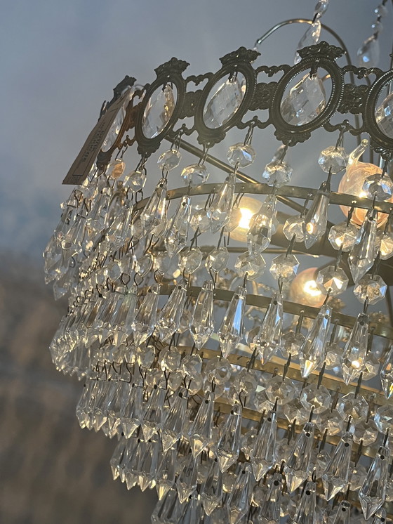 Image 1 of Xl vintage chandelier crystal pendants drops bronze frame