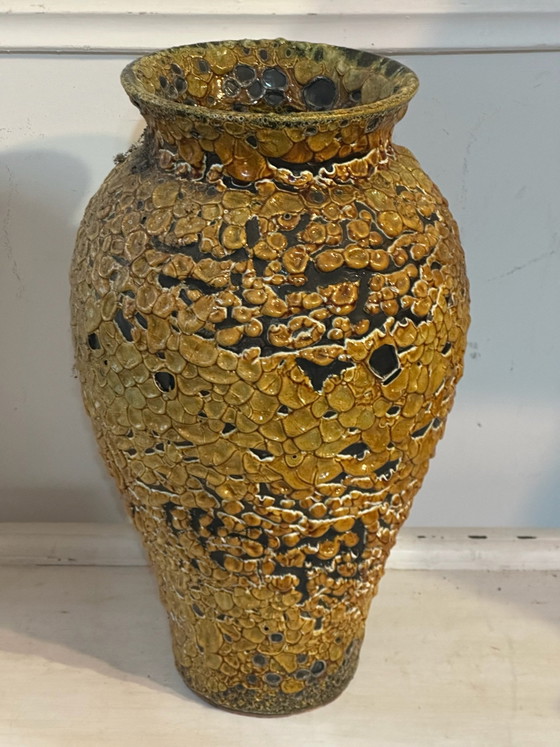 Large textured glazed ceramic vase, 60s/70s - H 40 cm, Yellow (photo 3 of 11)