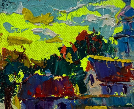 Original Oil Painting Rural Church Landscape The Sun Greets In The Morning – Paintings & Drawings, Canvas (photo 7 of 8)