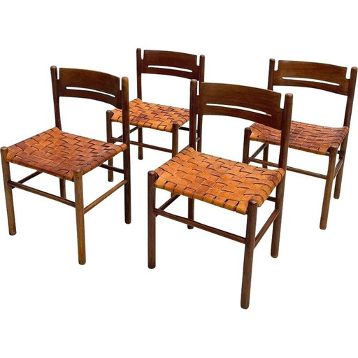 Set of 4 vintage wood and leather chairs, Italy 1960