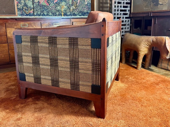 Image 1 of Schuitema Shaker comfortable club armchair in cognac aniline leather with graphic textile panels all around