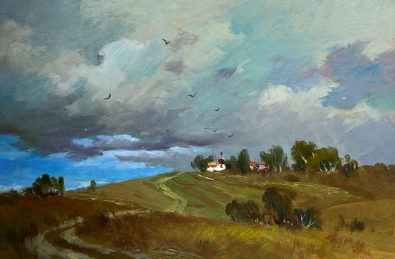 Image 1 of Dipinto ad olio originale: Paesaggio estivo con campo coperto da nuvole grigie