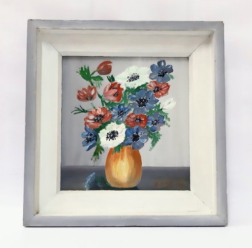 Dipinto ad olio d'epoca su pannello di truciolato, raffigurante fiori in un vaso
