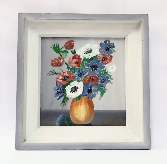 Image 1 of Dipinto ad olio d'epoca su pannello di truciolato, raffigurante fiori in un vaso