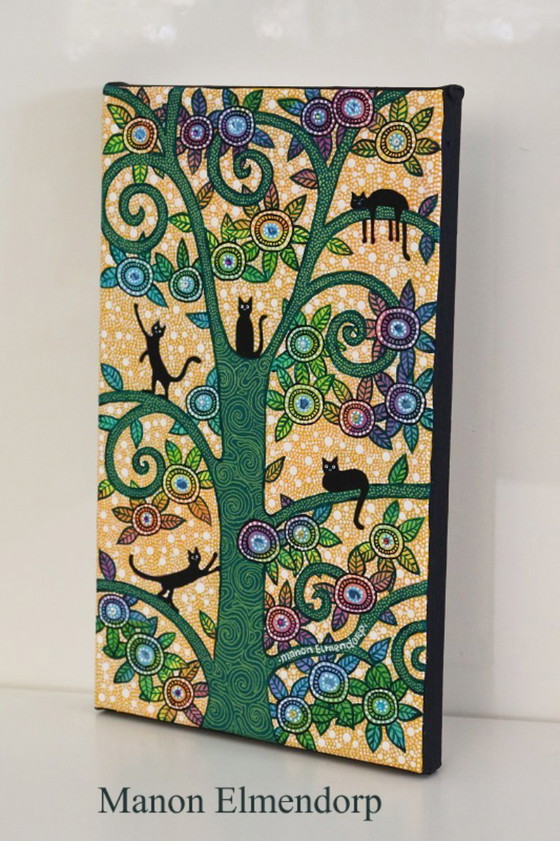 Image 1 of Unique Hand-Painted Small Painting Cats in Tree 30x18 cm
