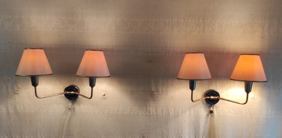 Image 1 of Double wall lights in gilded brass and gunmetal finish - 1950s/60s