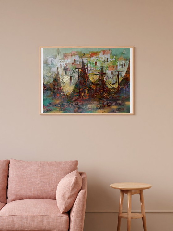 Original Ölgemälde Abstrakter Expressionismus Meeresküste Stadt Fischernetze – Gemälde & Zeichnungen, Canvas (photo 3 of 9)