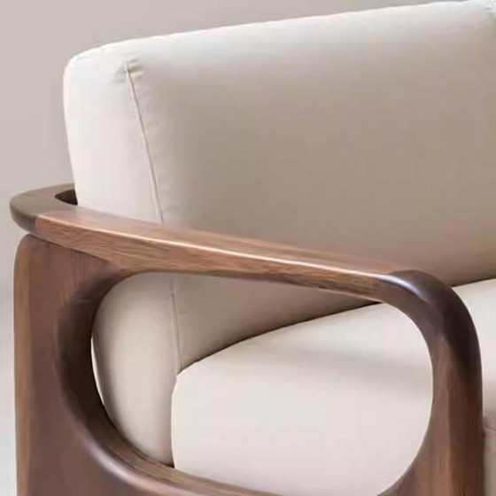 Image 1 of Modern Walnut Leather Sofa Solid Wood Designer Couch, Minimalist Cream Upholstered Sofa for Luxury Living Room