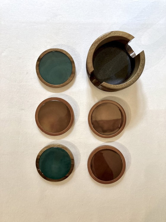Image 1 of Set of 5 agate and walnut wood coasters