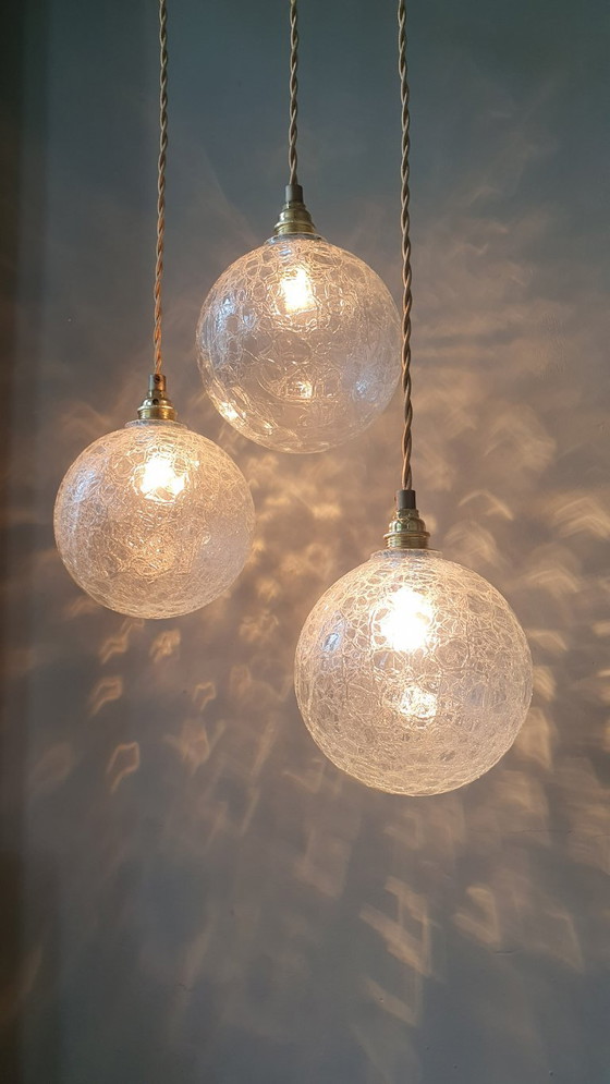 Set (3) Vintage Crackle Glass Sfera / Lampade a sospensione - Midcentury – Metal (photo 7 of 21)