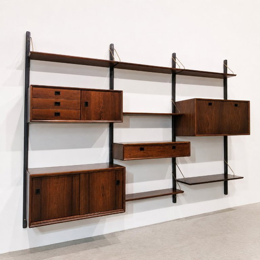 Mueble de pared modular de estilo vintage en madera de palisandro.