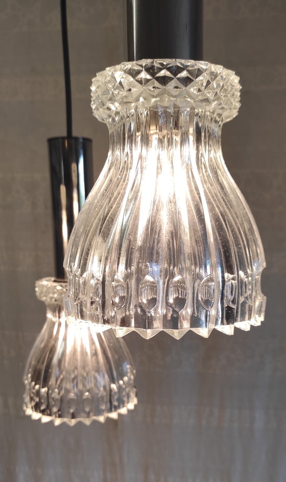 Image 1 of Three-light cascading pendant light in chromed metal and crystal - mid-20th century