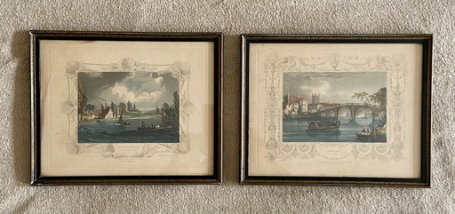 Pair of Antique Hand-Coloured English Engravings by Tombleson – Marlow & Henley – Framed Views of the Thames – c.1830-1850