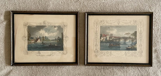 Image 1 of Pair of Antique Hand-Coloured English Engravings by Tombleson – Marlow & Henley – Framed Views of the Thames – c.1830-1850