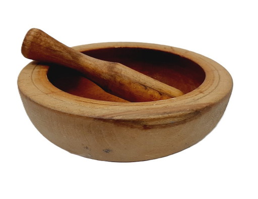 Ciotola larga e pestello in legno d'epoca, mortaio in legno