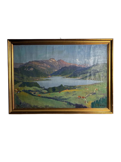 Peinture à l'huile Paysage lacustre sur toile par G. Welters, années 1950