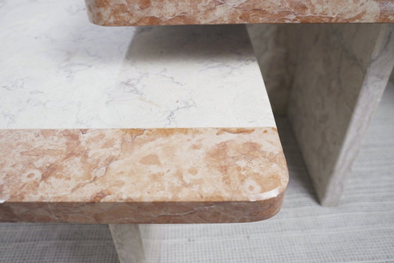 Image 1 of  Vintage Marble Nesting Tables Set of 3, Square Side Tables, Postmodern Solid Fossil Marble Stone Coffee Tables, Modern Accent F