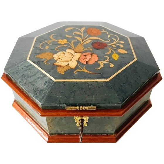 Image 1 of Carillon vintage MAPSA portagioie in legno intarsiato con fiori verdi Sorrento anni '60