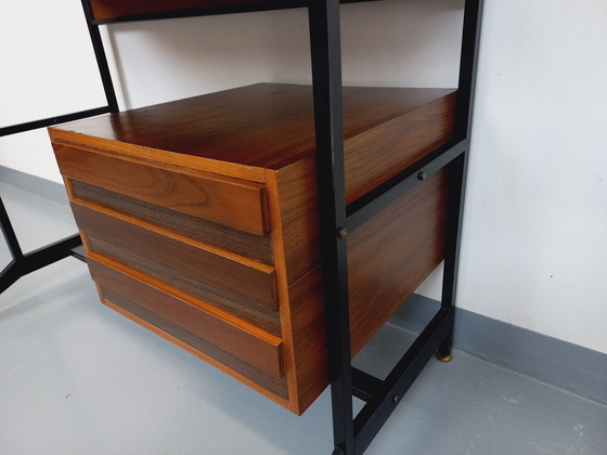 Image 1 of Italian modernist desk with built-in modular string bookcase in teak, metal and melamine from the 60s