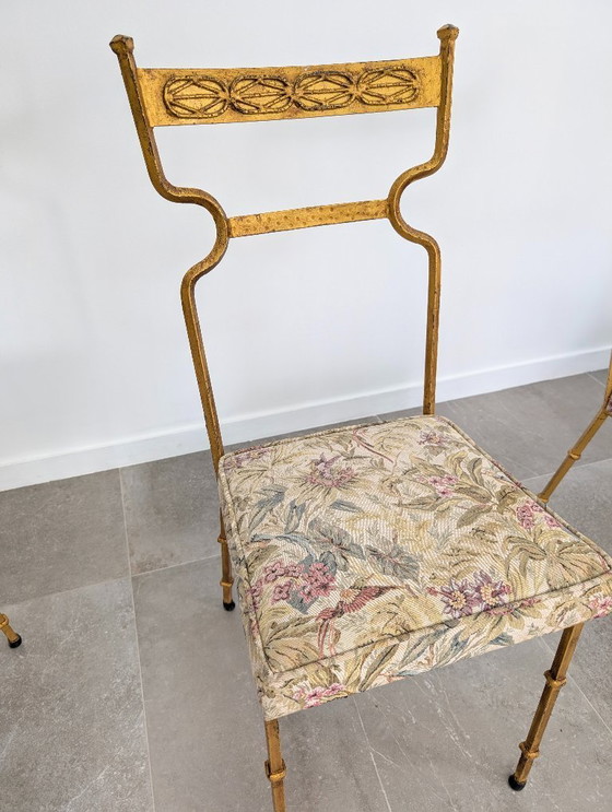 Image 1 of Set of 4 Gilt Wrought Iron Chairs with Floral Tapestry, Spain 1980s