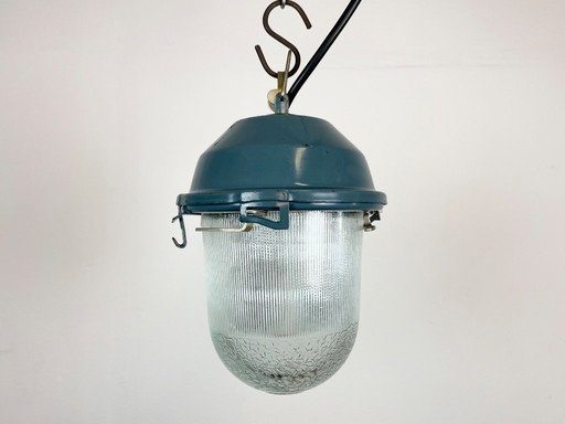 Blauwe industriële Sovjetbunker hanglamp, jaren 70