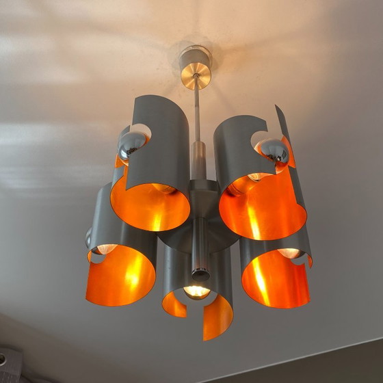 Polam Bielsko Chandelier. 1970. Space Age. Brushed Stainless Steel. – Metal (photo 4 of 7)