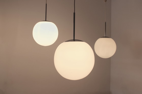 Chrome and Opal Glass Bubble Pendants by Peill & Putzler, designed by Wilhelm Wagenfeld, Pendant lamps, White (photo 2 of 12)