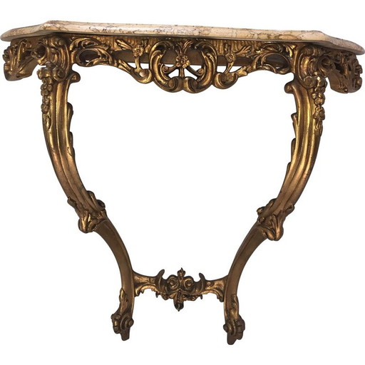Consola vintage en madera dorada y mármol.