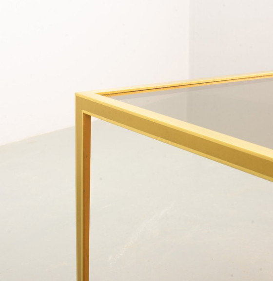Image 1 of Elegant Hollywood Regency Minimalistic Solid Brass Side Tables with Smokey Glass Top by Vereinigte Werkstätten. Set of 2. 1970s.