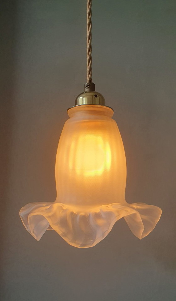 Image 1 of Antike Glas-Hängelampe. Blumenförmiges Design aus mattiertem Glas.