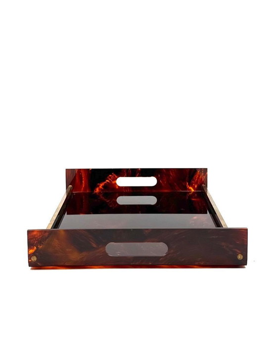 Image 1 of Hollywood Regency dienblad van messing en lucite met schildpadmotief, Italië, jaren 70.