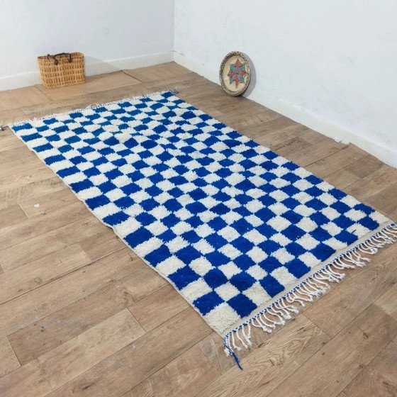Image 1 of Berberteppich Blau kariert – Naturwolle, handgewebt (240×145 cm)