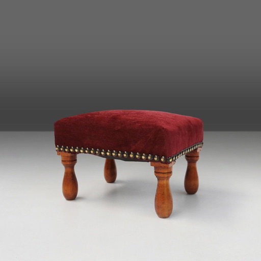 Vintage Art Deco Stool in Red velvet with wooden legs, 1930s