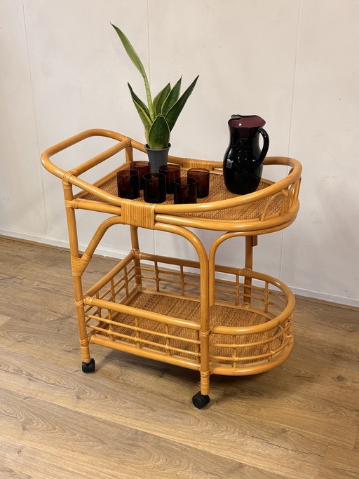 Vintage rotan bamboe serveerwagen/trolley
