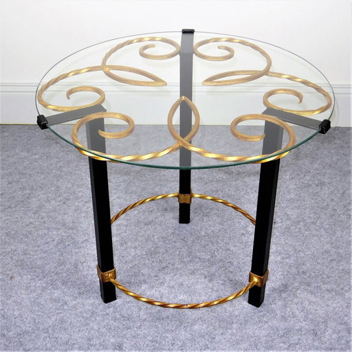 Guéridon en métal noir et doré avec plateau en verre vintage, 1950