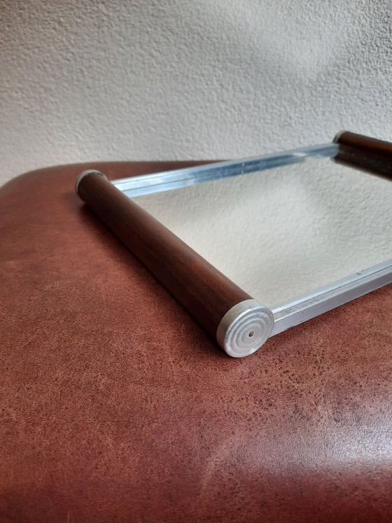 Vintage Art Deco Style Tray with Wooden Handles and Mirrored Top – Table accessories, Glass, Metal (photo 3 of 5)
