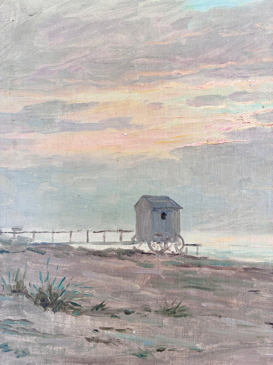 Image 1 of Peinture à l'huile originale vintage représentant une marine, signée, art de plage