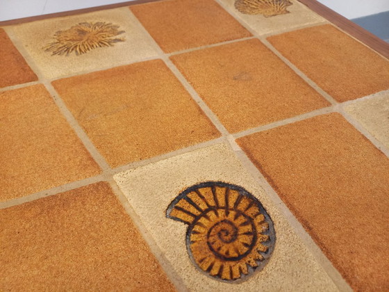 Image 1 of Barrois comma-shaped coffee table with vintage shell motifs in wood and Vallauris ceramic from the 1960s and 70s