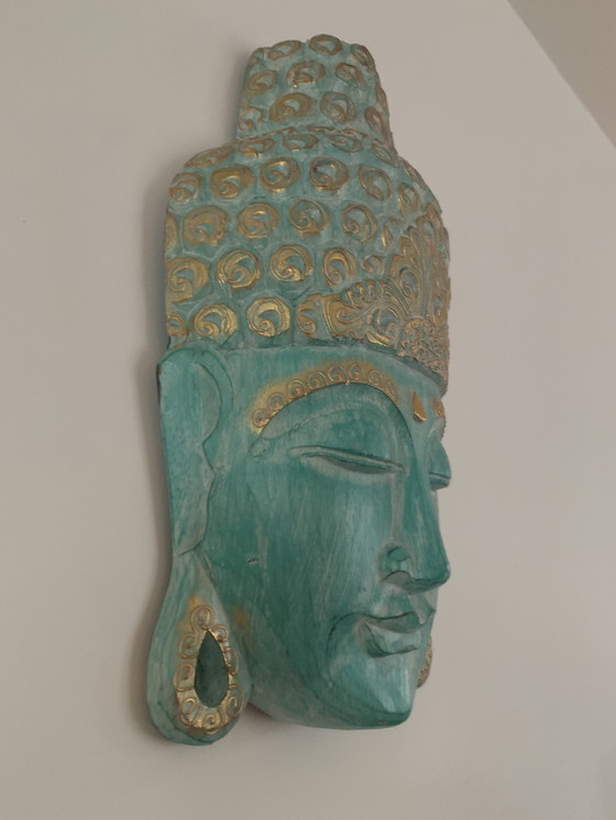 Image 1 of Buddha head wood blue-green and gold
