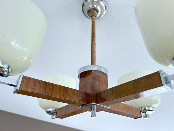 Image 1 of Lampe pendante Art Déco en bois et verre chromé