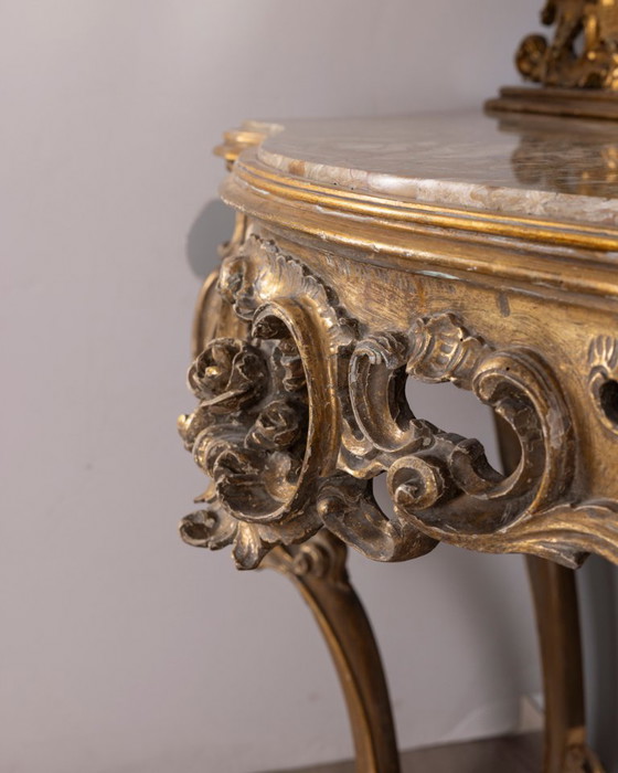 Antique classic style console table in wood decorated with mirror from the late 19th century, Gold (photo 6 of 21)