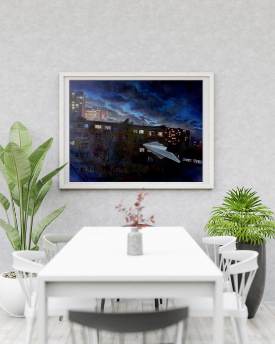 Original Ölgemälde Moderne Kunst Symbolismus Nachtstadt Neujahr – Gemälde & Zeichnungen, Canvas (photo 3 of 7)