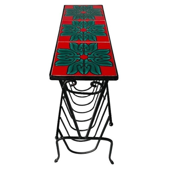 Image 1 of Vintage mid-century reading table retro magazine rack tiles wrought iron 1960s