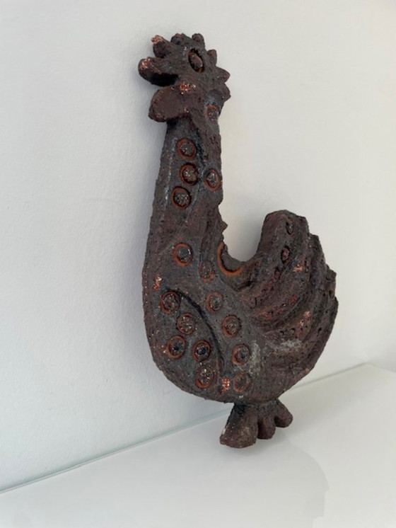 Image 1 of Zeldzame brutalistische wandsculptuur haan van keramiek