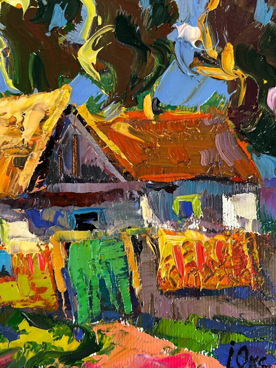 Image 1 of Peinture à l'huile originale représentant un paysage champêtre, une cour de maison et un week-end paisible au village.