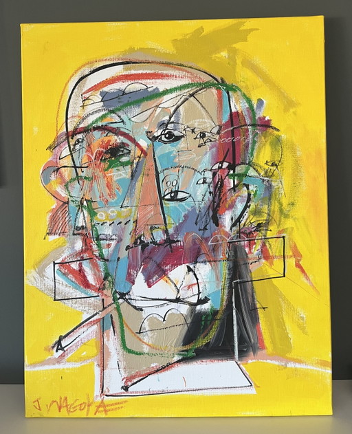 Jim Nagoya - L'affumicatore di mais - Grande acrilico su tela + Certificato – schilderijen tekeningen, Canvas
