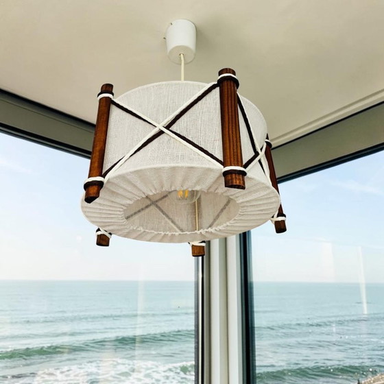 Image 1 of Nautical style Scandinavian wood and linen lampshade hanging lamp vintage