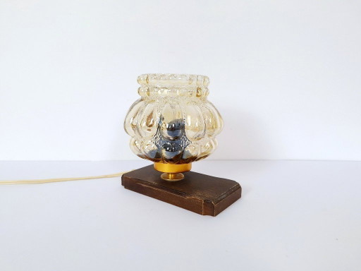 Mid Century Amber Glass Table Lamp / Retro Wood Brass Nightstand Light / 1970s Bubble Glass Desk Fixture / Vintage Small Lantern